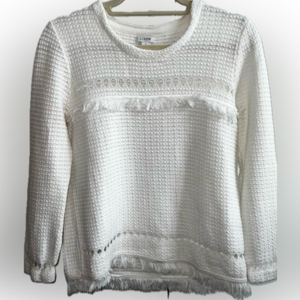 J Crew M  Mercantile White Cut Out Sweater w/ Fringe In Excellent Condition! EUC